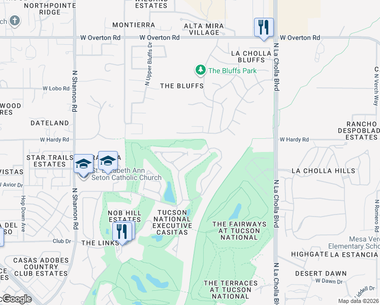 map of restaurants, bars, coffee shops, grocery stores, and more near 2442 West Tom Watson Drive in Tucson