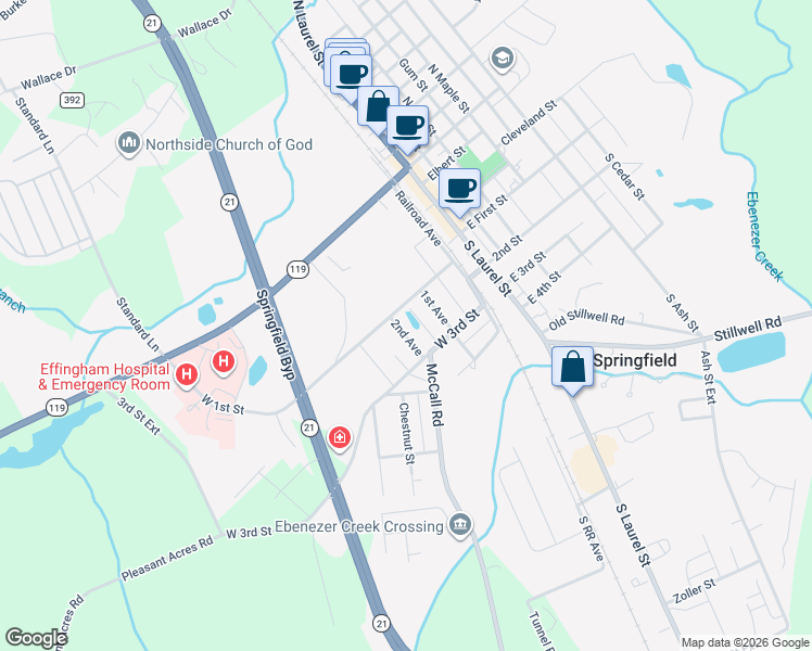 map of restaurants, bars, coffee shops, grocery stores, and more near 103 2nd Avenue in Springfield