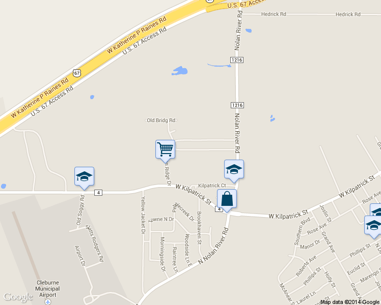 map of restaurants, bars, coffee shops, grocery stores, and more near 1505 Old Bridge Road in Cleburne