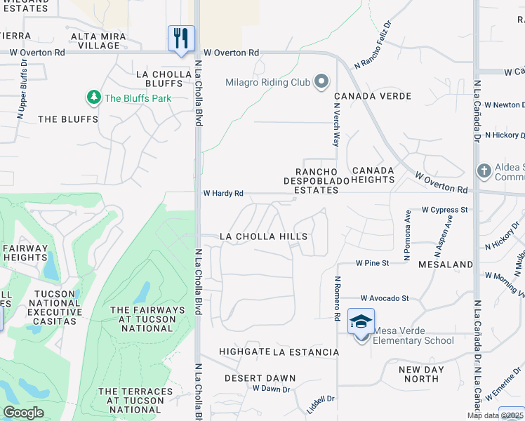 map of restaurants, bars, coffee shops, grocery stores, and more near 1928 West Misty Hollow Lane in Tucson