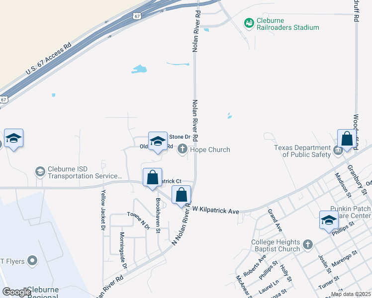 map of restaurants, bars, coffee shops, grocery stores, and more near 1405 Old Bridge Road in Cleburne