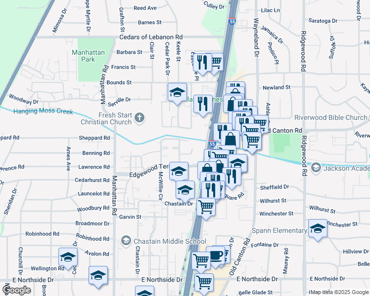 map of restaurants, bars, coffee shops, grocery stores, and more near 4950 Willow Creek Drive in Jackson