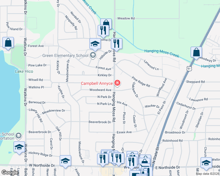 map of restaurants, bars, coffee shops, grocery stores, and more near 4527 Hanging Moss Road in Jackson