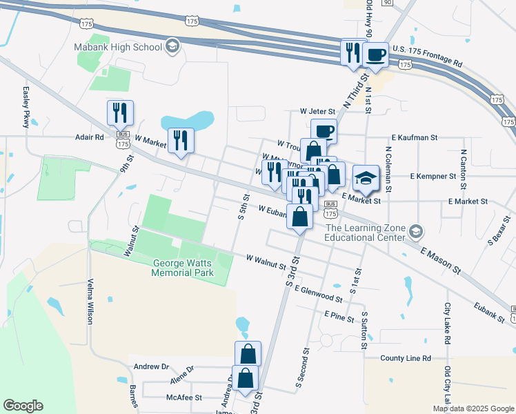 map of restaurants, bars, coffee shops, grocery stores, and more near 221 West Eubank Street in Mabank
