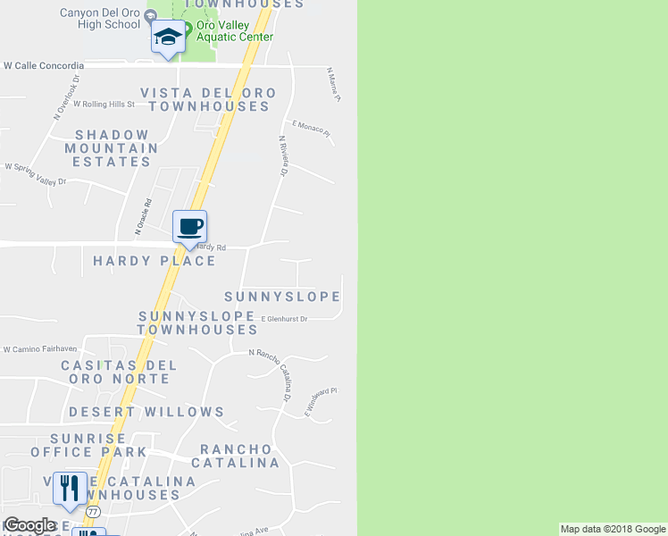 map of restaurants, bars, coffee shops, grocery stores, and more near 8735 North Glenhurst Place in Oro Valley