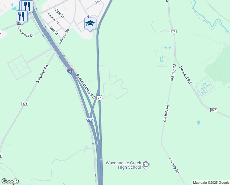 map of restaurants, bars, coffee shops, grocery stores, and more near 133 Park Hills Drive in Waxahachie