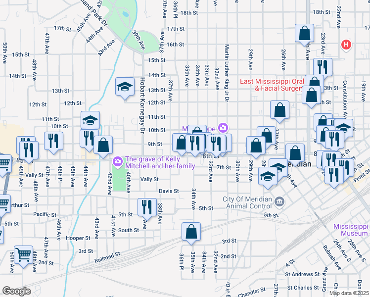 map of restaurants, bars, coffee shops, grocery stores, and more near 813 35th Avenue in Meridian