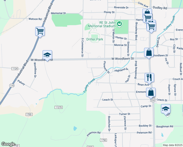 map of restaurants, bars, coffee shops, grocery stores, and more near 2521 Sunset Lane in Kilgore