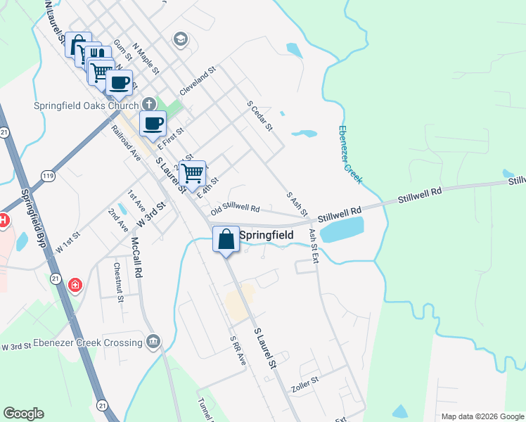 map of restaurants, bars, coffee shops, grocery stores, and more near 121 Old Stillwell Road in Springfield