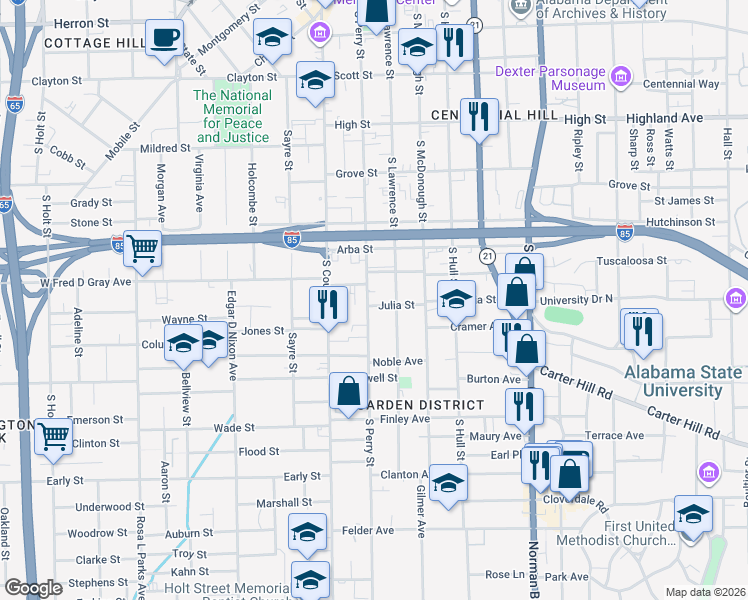 map of restaurants, bars, coffee shops, grocery stores, and more near 833 South Perry Street in Montgomery