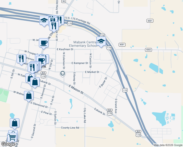 map of restaurants, bars, coffee shops, grocery stores, and more near 202 North Canton Street in Mabank