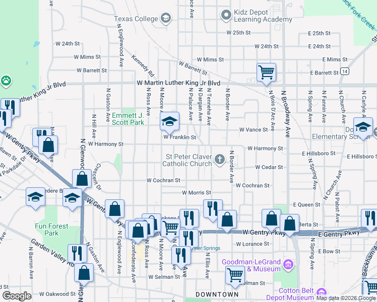 map of restaurants, bars, coffee shops, grocery stores, and more near 1513 North Palace Avenue in Tyler