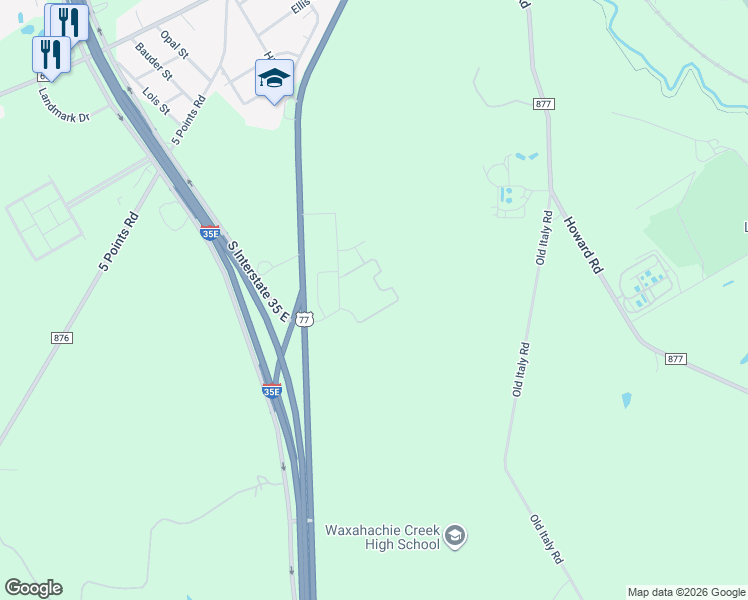 map of restaurants, bars, coffee shops, grocery stores, and more near 133 Park Hills Drive in Waxahachie