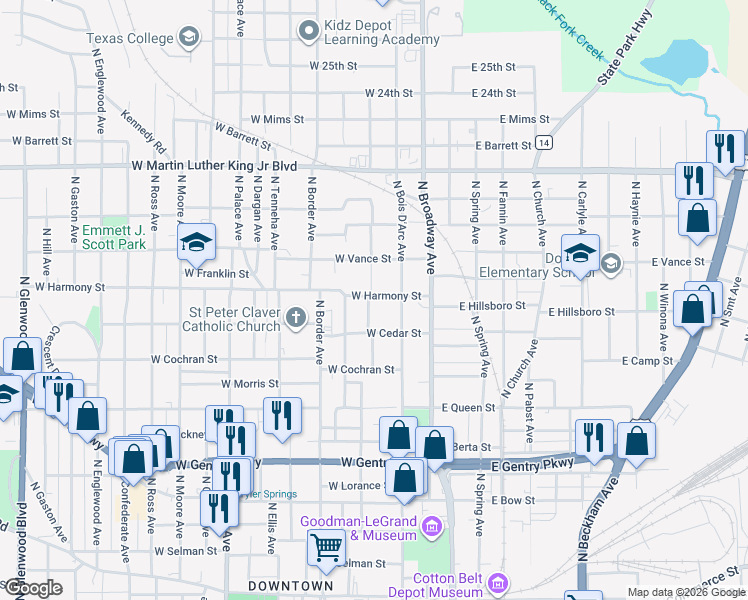 map of restaurants, bars, coffee shops, grocery stores, and more near 1507 North Pegues Avenue in Tyler