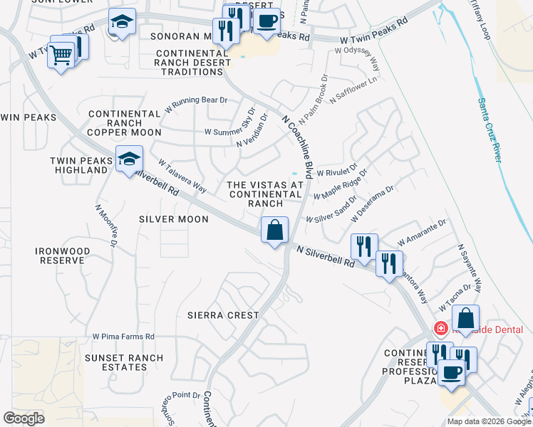 map of restaurants, bars, coffee shops, grocery stores, and more near 8744 North Finfrock Drive in Tucson