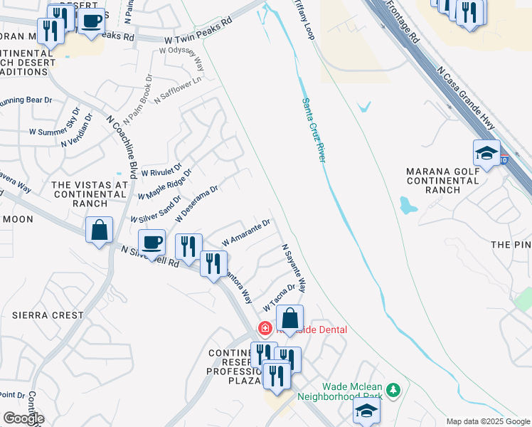map of restaurants, bars, coffee shops, grocery stores, and more near 8755 North Sayante Way in Tucson