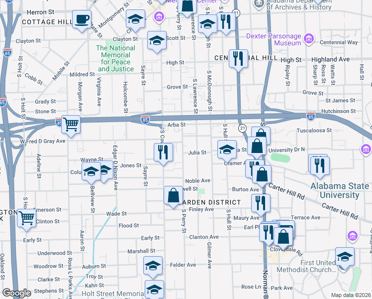 map of restaurants, bars, coffee shops, grocery stores, and more near 833 South Perry Street in Montgomery