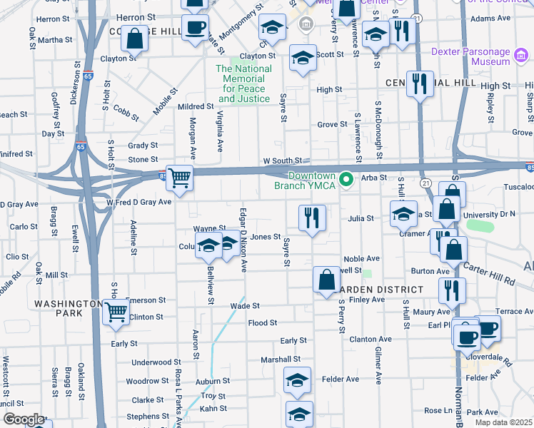 map of restaurants, bars, coffee shops, grocery stores, and more near 134 Simpson Street in Montgomery