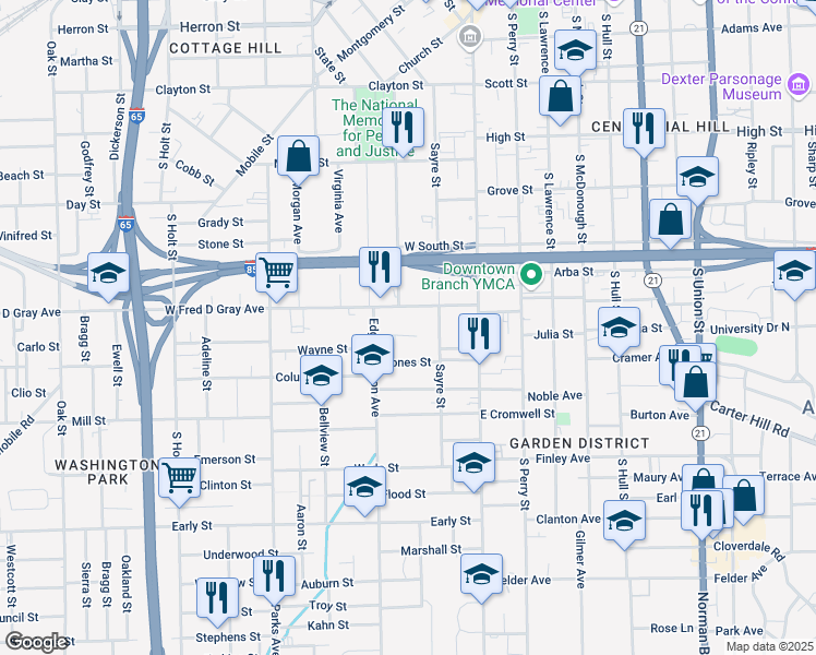 map of restaurants, bars, coffee shops, grocery stores, and more near 134 Simpson Street in Montgomery