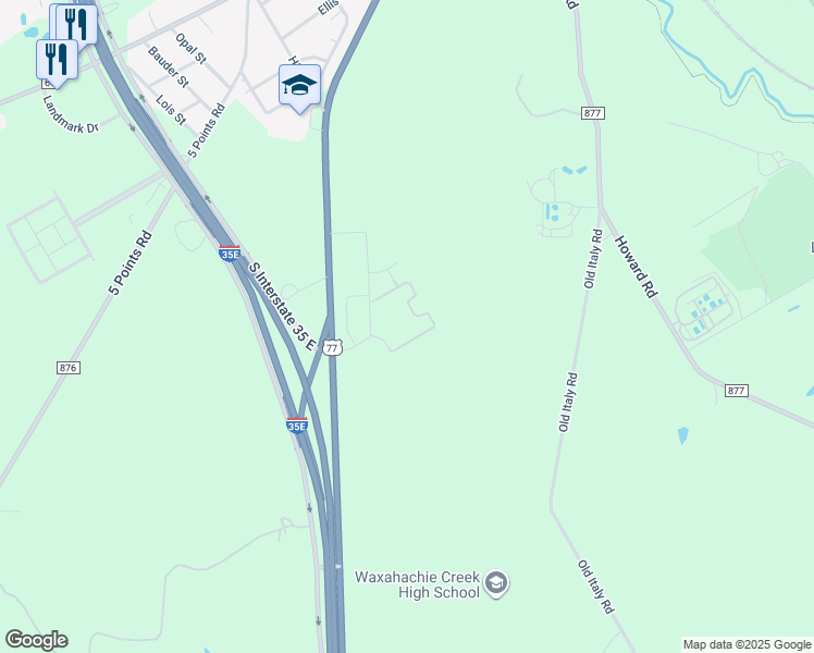 map of restaurants, bars, coffee shops, grocery stores, and more near 133 Park Hills Drive in Waxahachie
