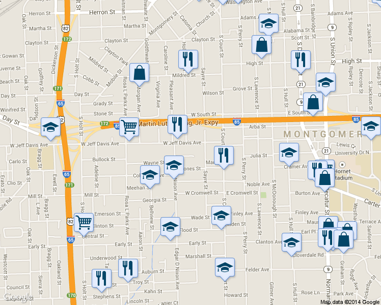 map of restaurants, bars, coffee shops, grocery stores, and more near 134 Simpson Street in Montgomery