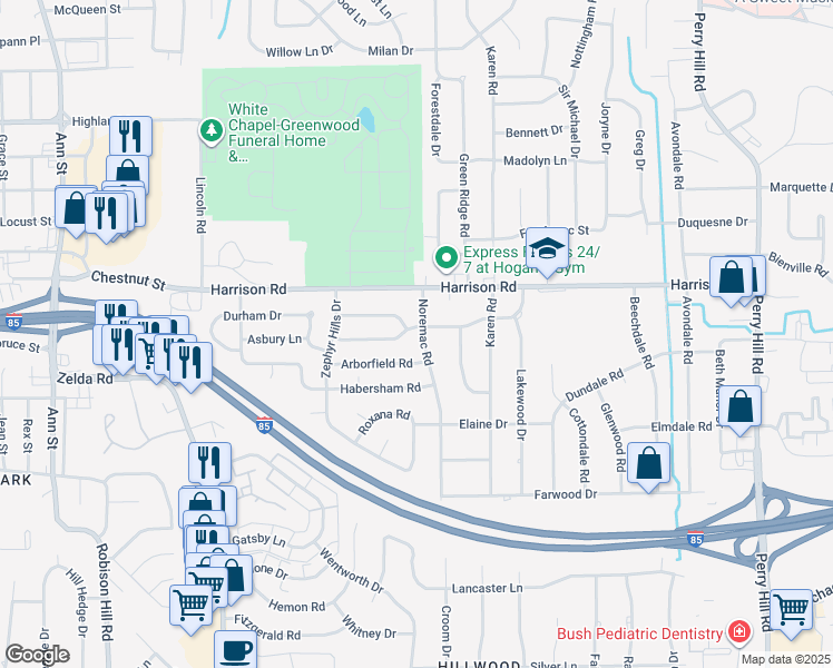 map of restaurants, bars, coffee shops, grocery stores, and more near 1102 Noremac Road in Montgomery