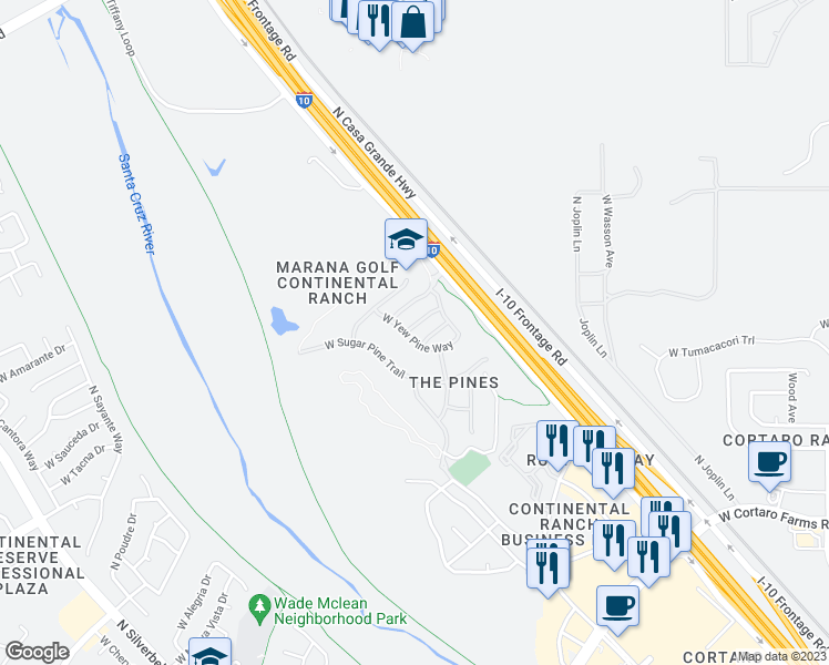 map of restaurants, bars, coffee shops, grocery stores, and more near 8732 North Mugho Pine Trail in Tucson