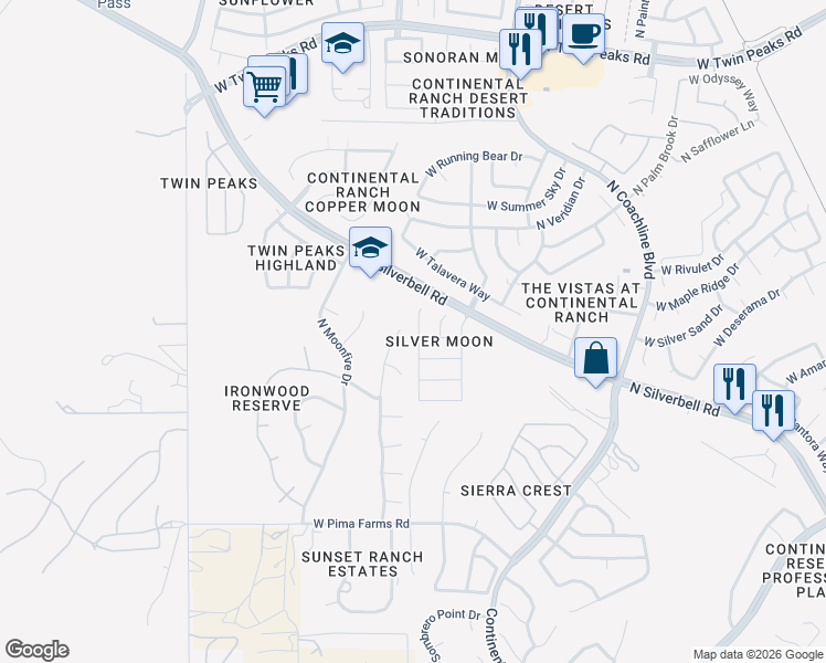 map of restaurants, bars, coffee shops, grocery stores, and more near 8747 North Shadow Wash Way in Tucson