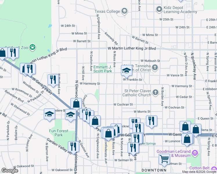 map of restaurants, bars, coffee shops, grocery stores, and more near 1517 North Confederate Avenue in Tyler