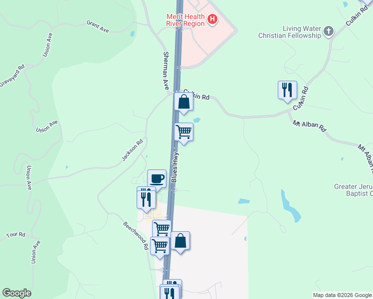 map of restaurants, bars, coffee shops, grocery stores, and more near 204 U.S. 61 in Vicksburg