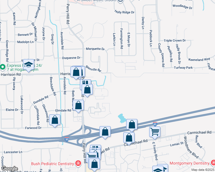 map of restaurants, bars, coffee shops, grocery stores, and more near 4012 Bienville Road in Montgomery