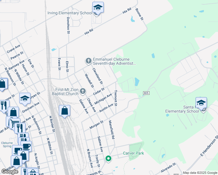 map of restaurants, bars, coffee shops, grocery stores, and more near 310 Eastland Street in Cleburne