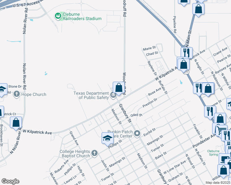 map of restaurants, bars, coffee shops, grocery stores, and more near 2020 Granbury St in Cleburne