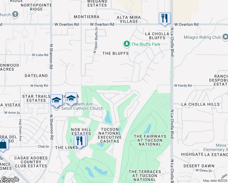 map of restaurants, bars, coffee shops, grocery stores, and more near 2480 West Tom Watson Drive in Tucson