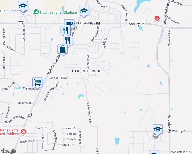 map of restaurants, bars, coffee shops, grocery stores, and more near 9 Mission Hills in Abilene