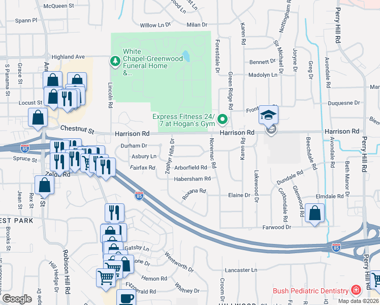 map of restaurants, bars, coffee shops, grocery stores, and more near 3333 Loch Haven Road in Montgomery
