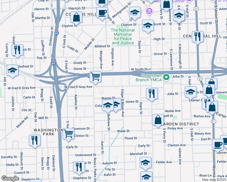 map of restaurants, bars, coffee shops, grocery stores, and more near 341 West Jeff Davis Avenue in Montgomery