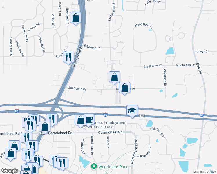 map of restaurants, bars, coffee shops, grocery stores, and more near 6009C Monticello Drive in Montgomery