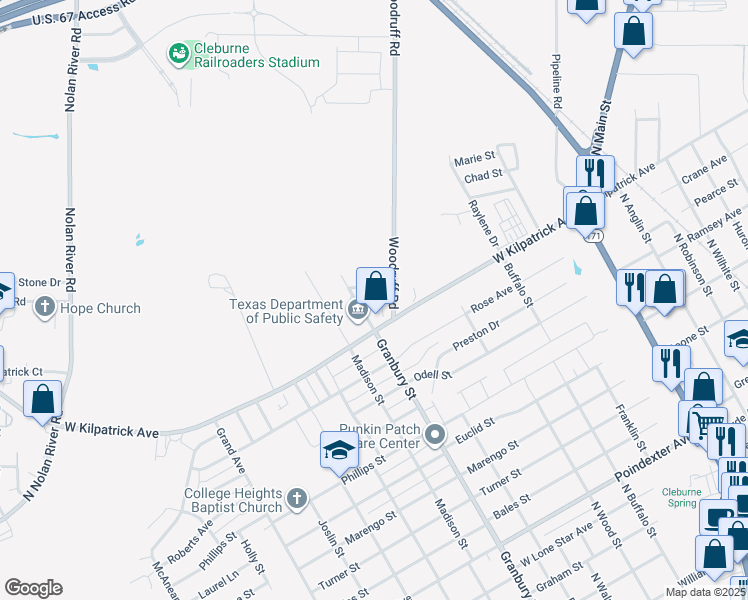 map of restaurants, bars, coffee shops, grocery stores, and more near 2020 Granbury Street in Cleburne