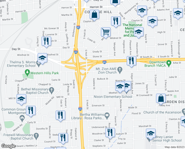 map of restaurants, bars, coffee shops, grocery stores, and more near 816 Adeline Street in Montgomery