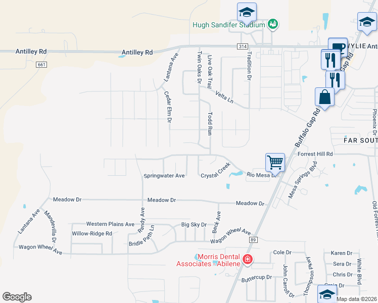 map of restaurants, bars, coffee shops, grocery stores, and more near 5150 Rio Mesa Drive in Abilene
