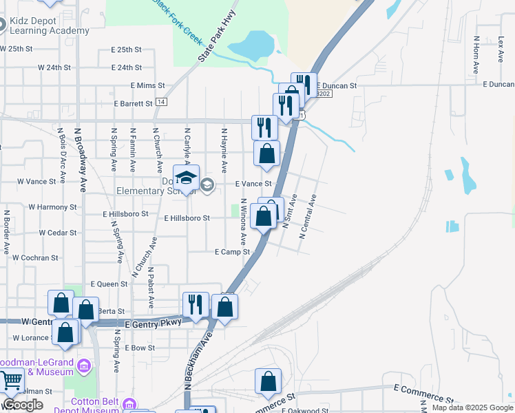 map of restaurants, bars, coffee shops, grocery stores, and more near 1516 Owens Avenue in Tyler