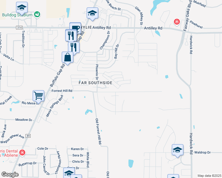 map of restaurants, bars, coffee shops, grocery stores, and more near 19 Mission Hills in Abilene