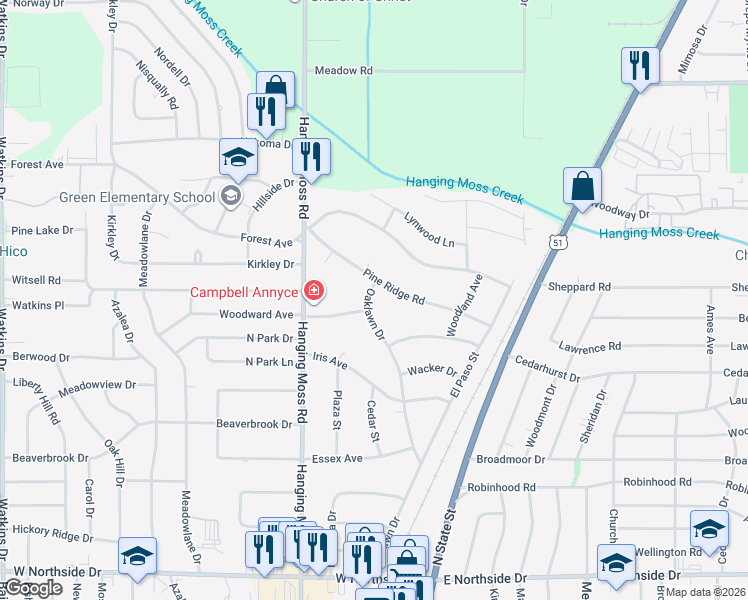 map of restaurants, bars, coffee shops, grocery stores, and more near 4310 Oaklawn Drive in Jackson