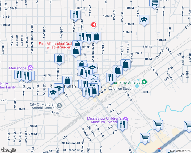 map of restaurants, bars, coffee shops, grocery stores, and more near 2002 6th Street in Meridian