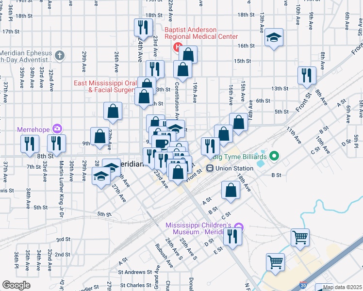 map of restaurants, bars, coffee shops, grocery stores, and more near 2002 6th Street in Meridian