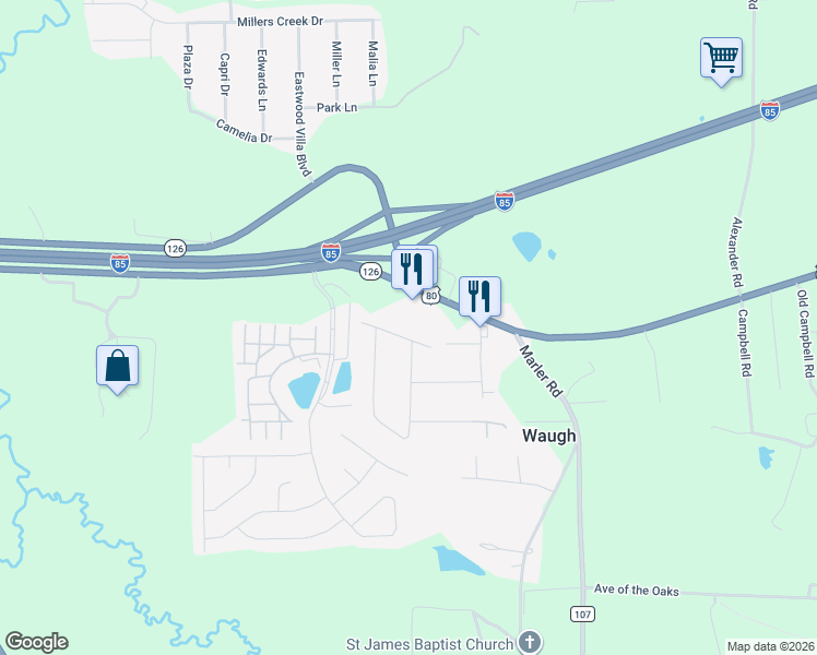 map of restaurants, bars, coffee shops, grocery stores, and more near 136 Cottonwood Drive in Montgomery