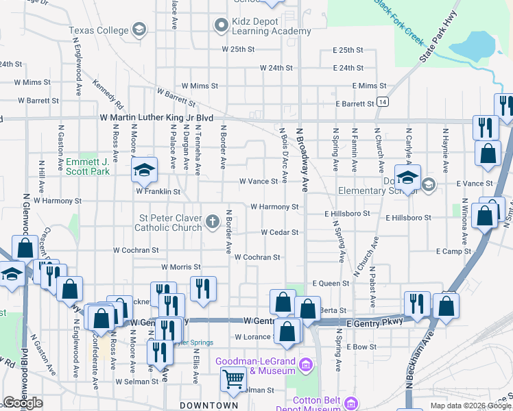 map of restaurants, bars, coffee shops, grocery stores, and more near 1507 North Pegues Avenue in Tyler