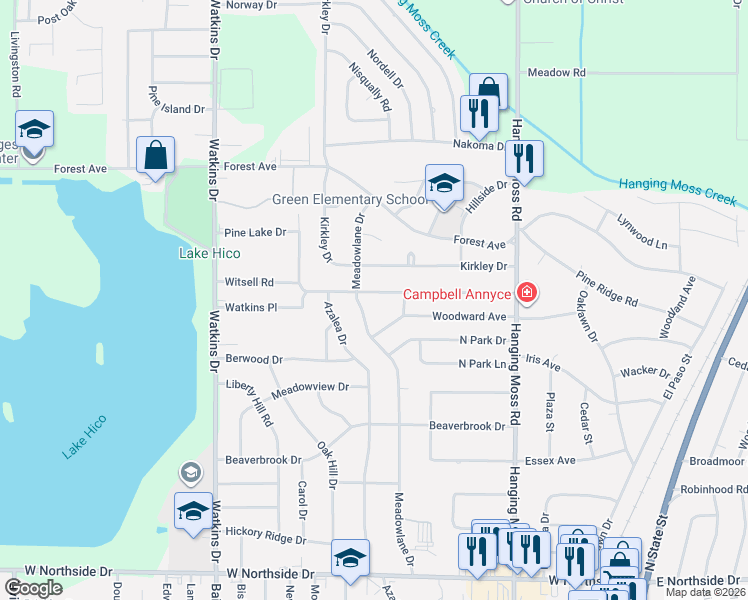 map of restaurants, bars, coffee shops, grocery stores, and more near 4328 Meadowlane Drive in Jackson