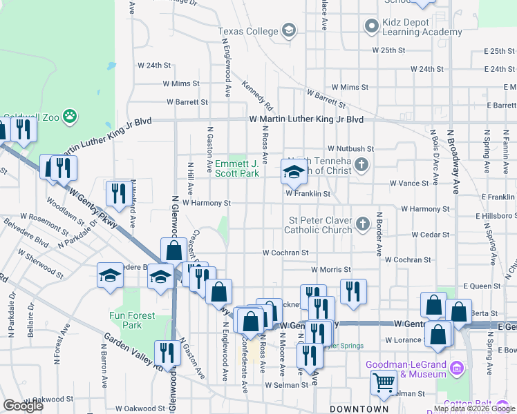map of restaurants, bars, coffee shops, grocery stores, and more near 1517 North Confederate Avenue in Tyler